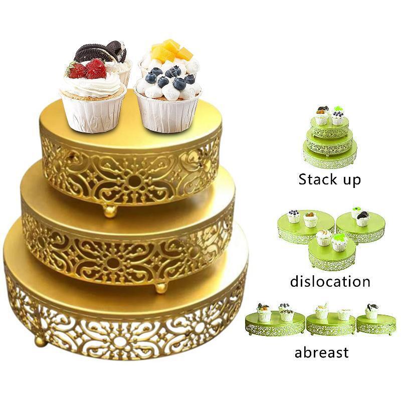 Hollow Round Metal Wrought Iron Cake Stands Holder Set of 3 Dessert Cheese Rack