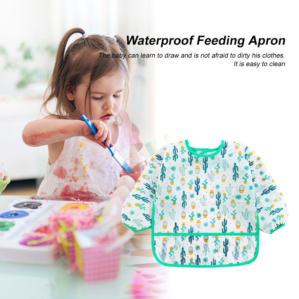 Baby Feeding Bibs Kids Waterproof Long Sleeve Coverall (0-3Years Cactus)