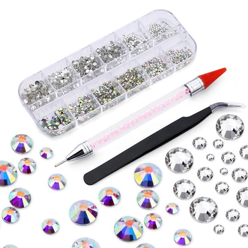 12 Grids Flatback Nail Art Decorations with Dual-ended Dotting Pen Tweezers Set