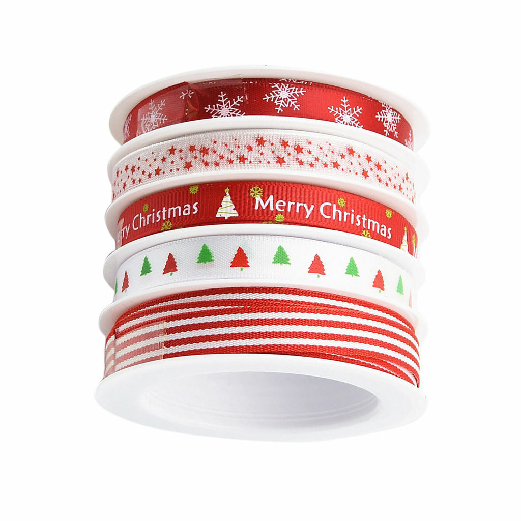 5Pcs Christmas Ribbon, Grosgrain Satin Fabric  Ribbons for Crafts Holiday