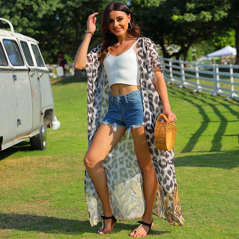 Women Maxi Kimono Cardigan Boho Leopard Print Belted Chiffon Cover Up Blouse