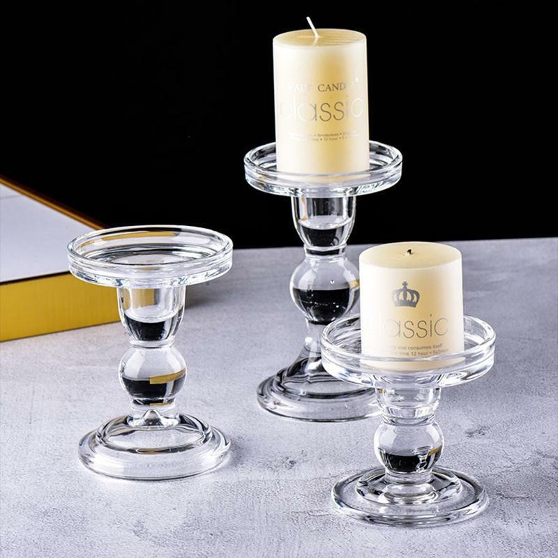 Clear Glass Candle Holder Set of 3 Tall Candlestick Stand Kit Desktop Ornament