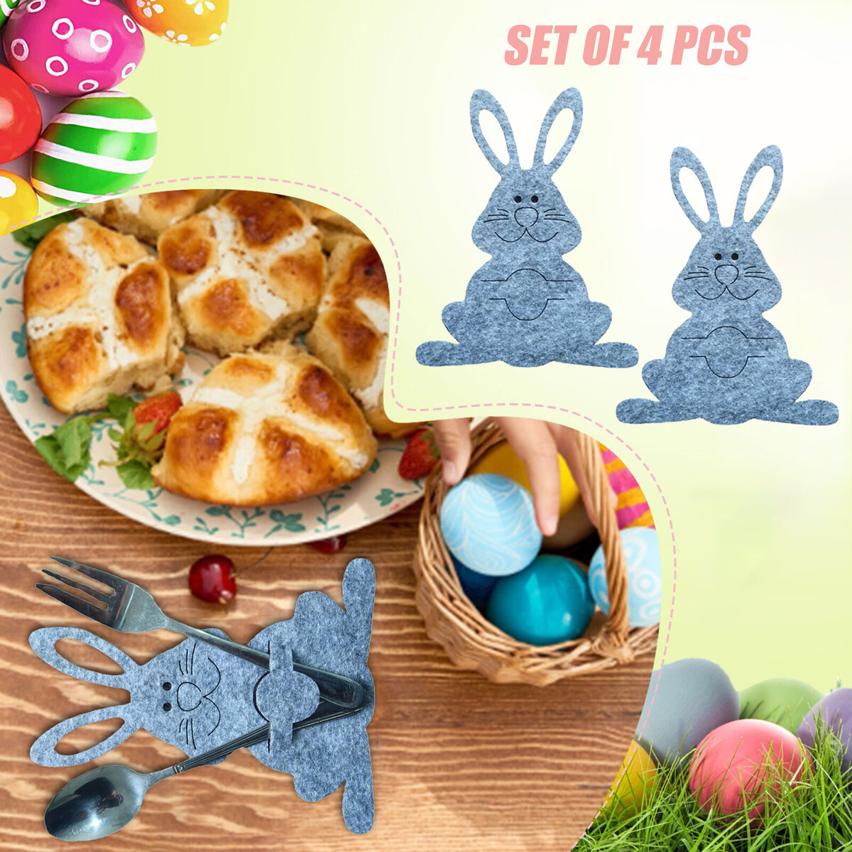 Cutlery Bag - Easter Bunny Dinner Table Decor Supplies 4 Pieces (Grey)