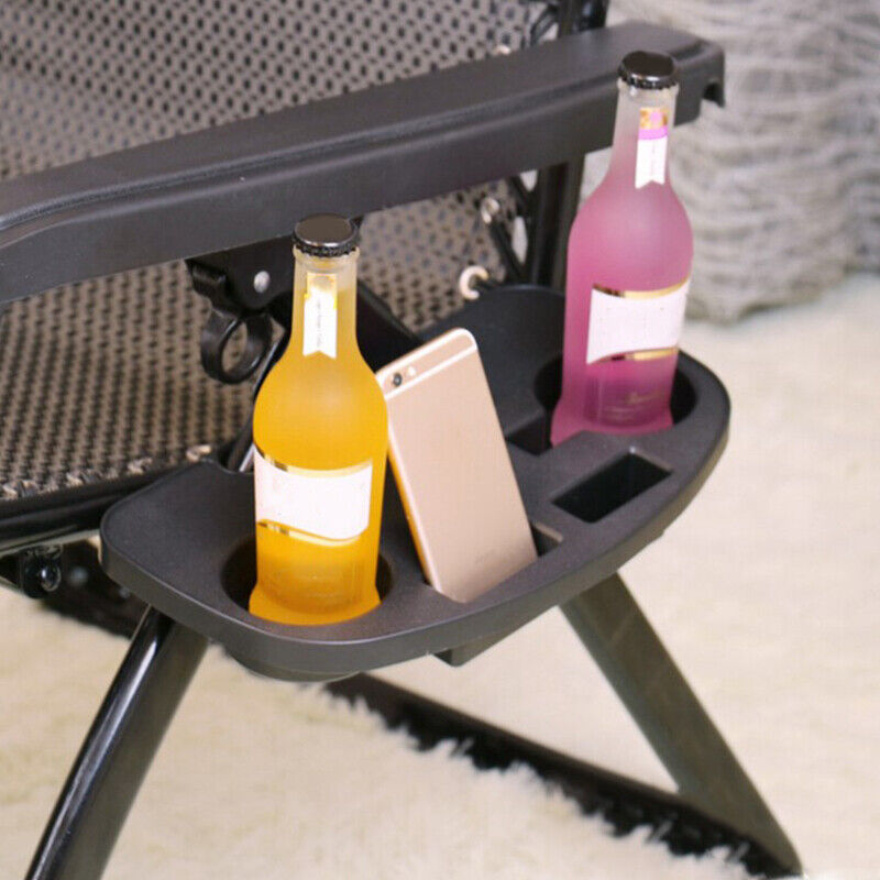 Black FOLDING RECLINING LOUNGER CHAIR CLIP ON SIDE TABLE CUP DRINK HOLDER TRAY