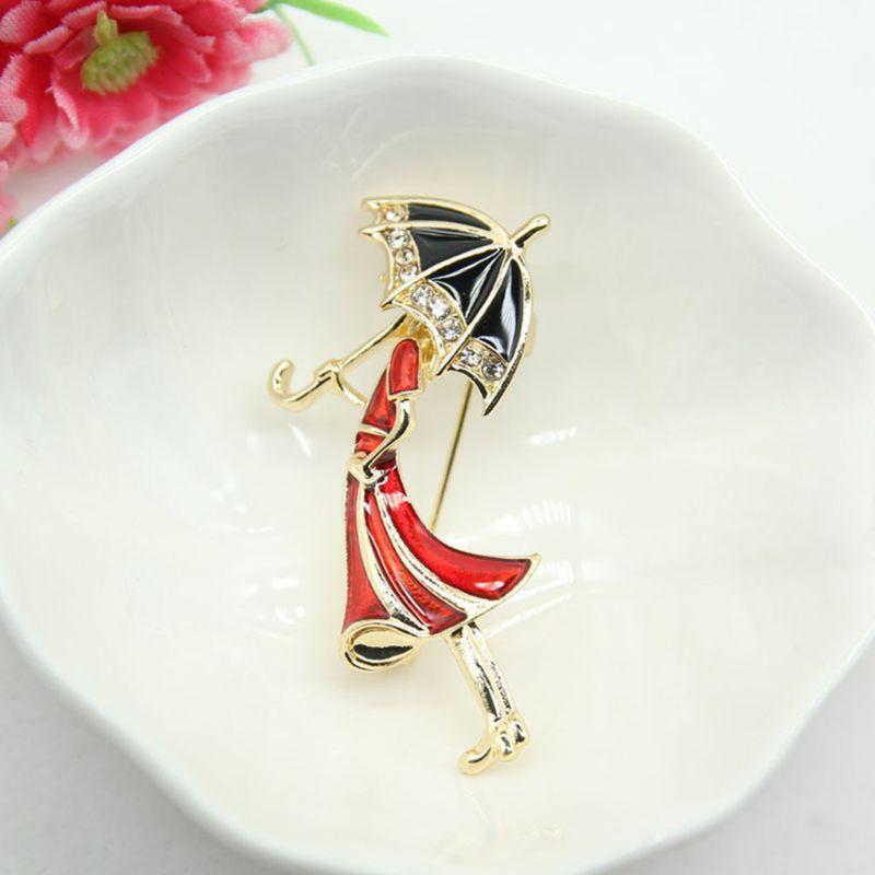 Cartoon Pins Brooch Umbrella Girl Badge Enamel Rhinestones Lapel Cute Dresses
