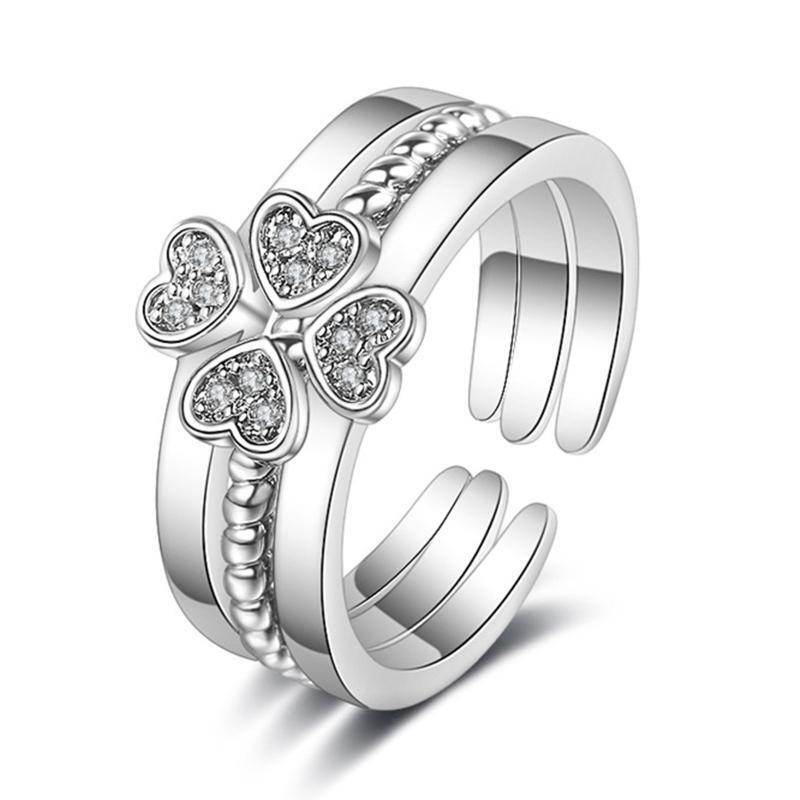 3 Pieces Women's Love Heart Four-leaf Lucky Clover Rhinestone 3 in 1 Ring Lucky