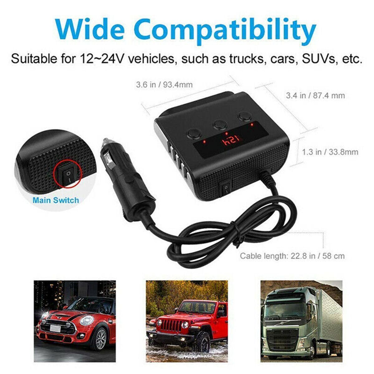 Socket Splitter Dual USB Charger 12V 3 Way Car Cigarette Lighter Car Charger