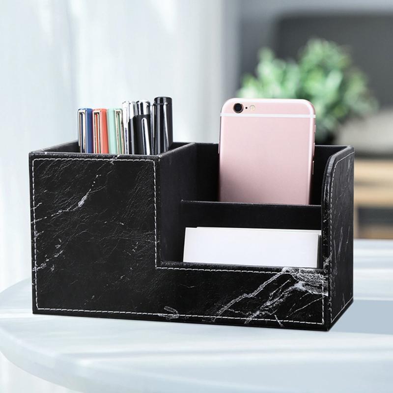 Black Marble Leather Desk Stationery Organizer Pen Pencil Holder Remote Control