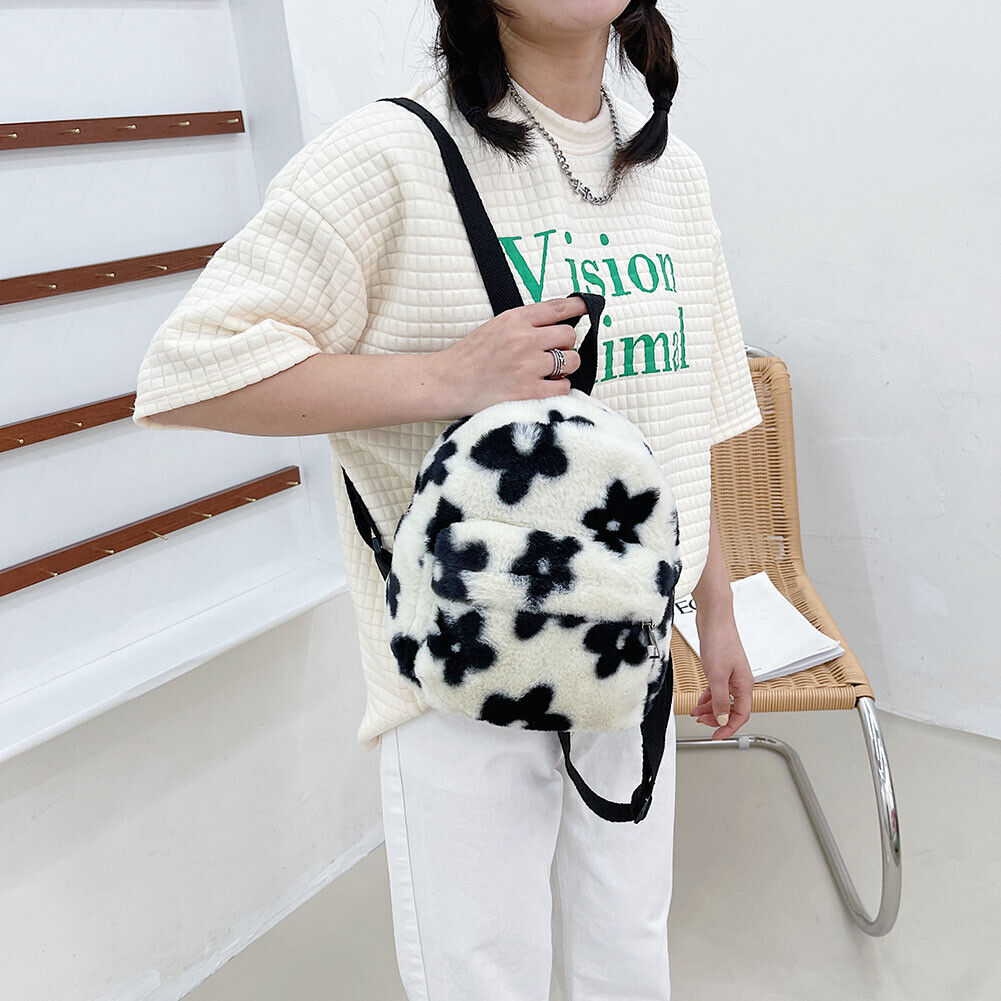 Preppy Style Women Flowers Printing Plush Backpack Casual Small Knapsack