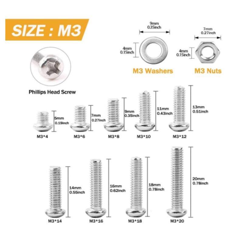 810Pcs M3 Metric Thread Phillips Pan Head Screws Assortment Kit Easy to Use