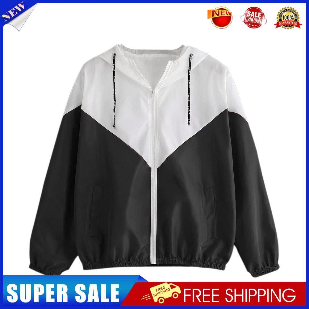 Women Fashion Patchwork Hooded Zipper Jacket Sports Casual Coat (Black M)