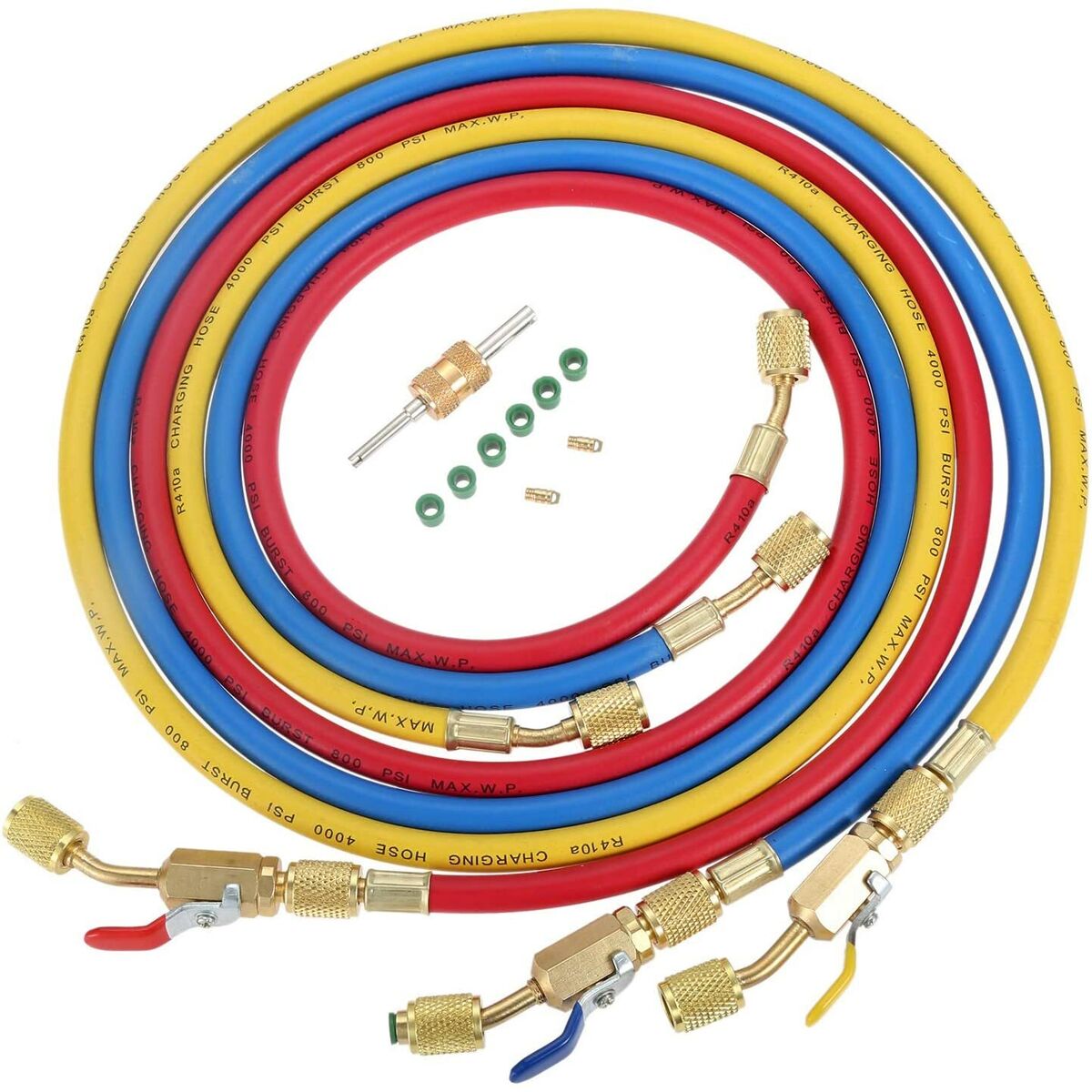 HQ AC Refrigerant Charging Hoses with Ball Valve R410A HVAC Hose Kits 3 Colour