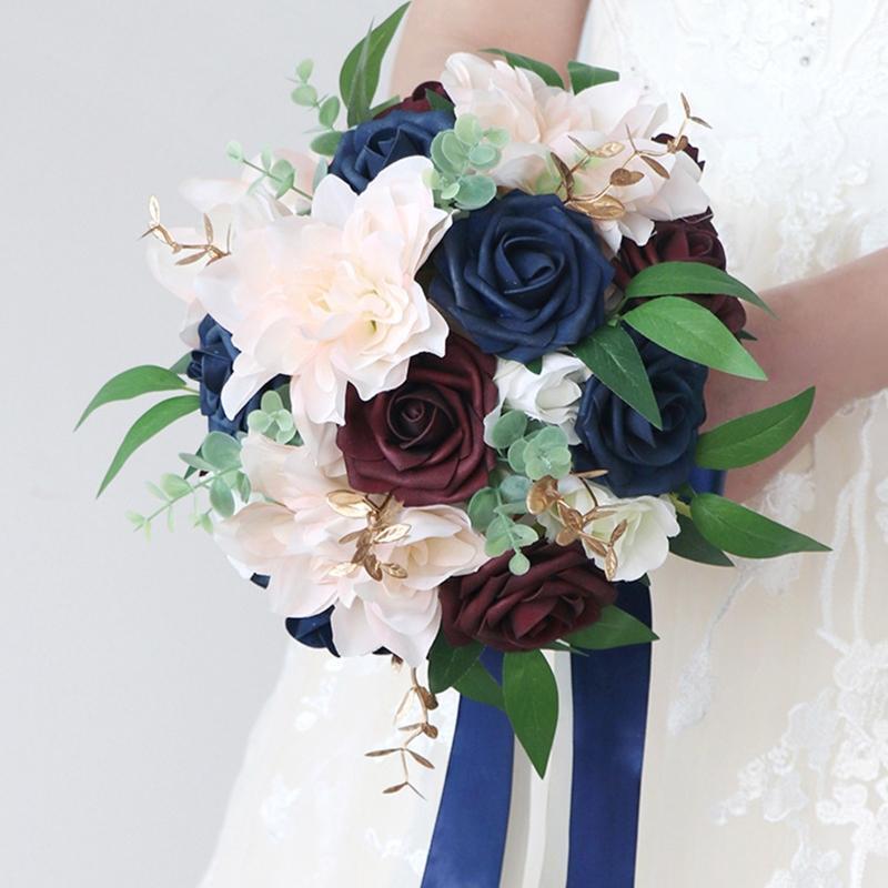 Wedding Bouquet Pink Burgundy & Blue Bride Bridal Bridesmaid Bouquets Silk