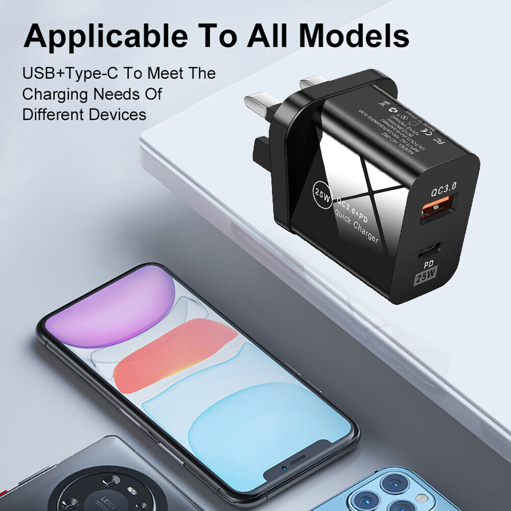 25W QC3.0+PD Dual Port Type-C Phone Fast Charger Charge Adapter (UK Black)
