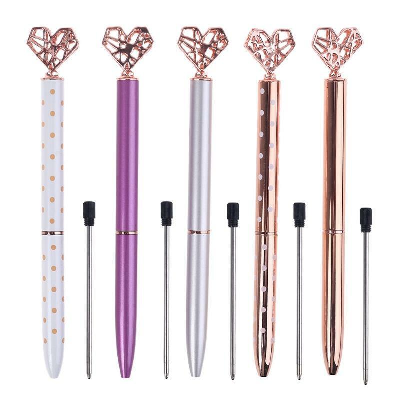 5Pcs Big Crystal Diamond Pen,Heart Shaped Pen, Metal Ballpoint PenSchool