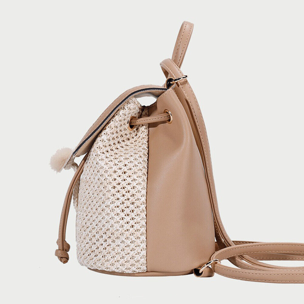 Straw Woven Backpack Beach Women Fashion Leather Pompom Travel Shoulder Bag