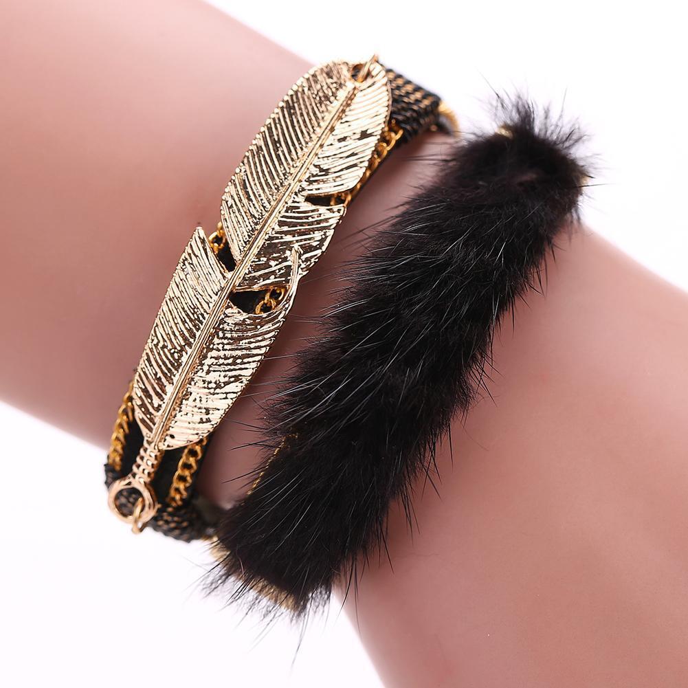 New Fashion Women Alloy Feather Leaves Magnetic Leather Bracelets Black
