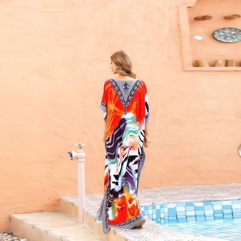 Women Beach Maxi Dress V-Neck Kaftan Robe Abstract Striped Print Bikini Cover Up