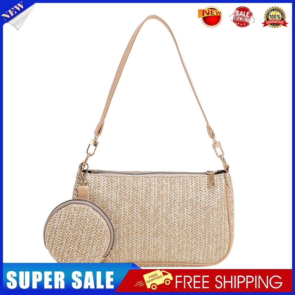 Fashion Woven Straw Shoulder Underarm Bags Totes Handbag with Small Purse