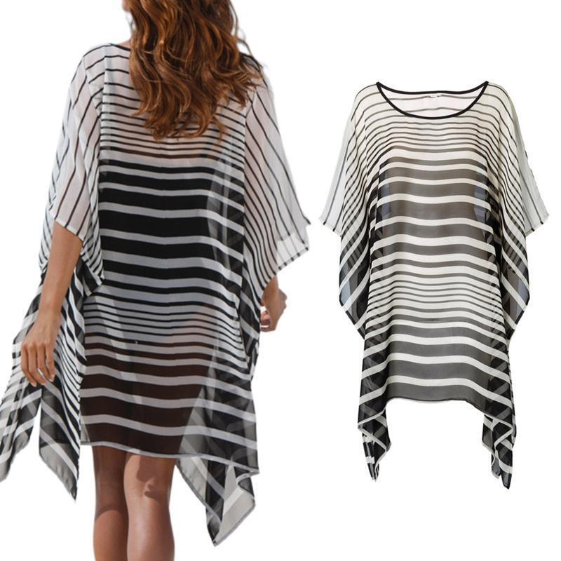 Women Strips Print Bikini Cover Up Batwing Sleeve Suit Coverup Beach Long Dress