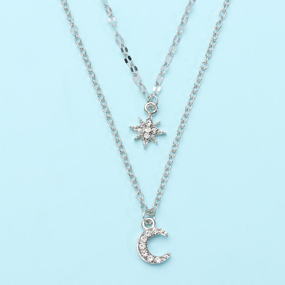 Double Chain Star Moon Necklace Sparkling Charm Clavicle Chain Pendant Choker