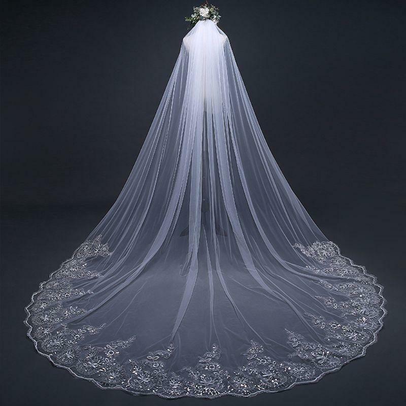 4M One-Layer Women Trailing Cathedral Long Wedding Veil Embroidered Floral Lace