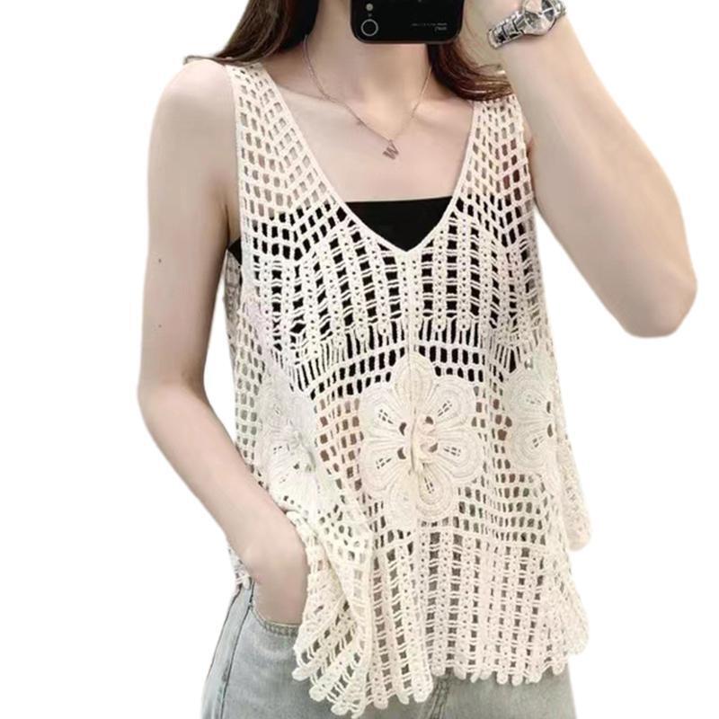 Women Crochet Sleeveless Tank Top V-Neck Hollow Knit Floral Beach Sweater Vest