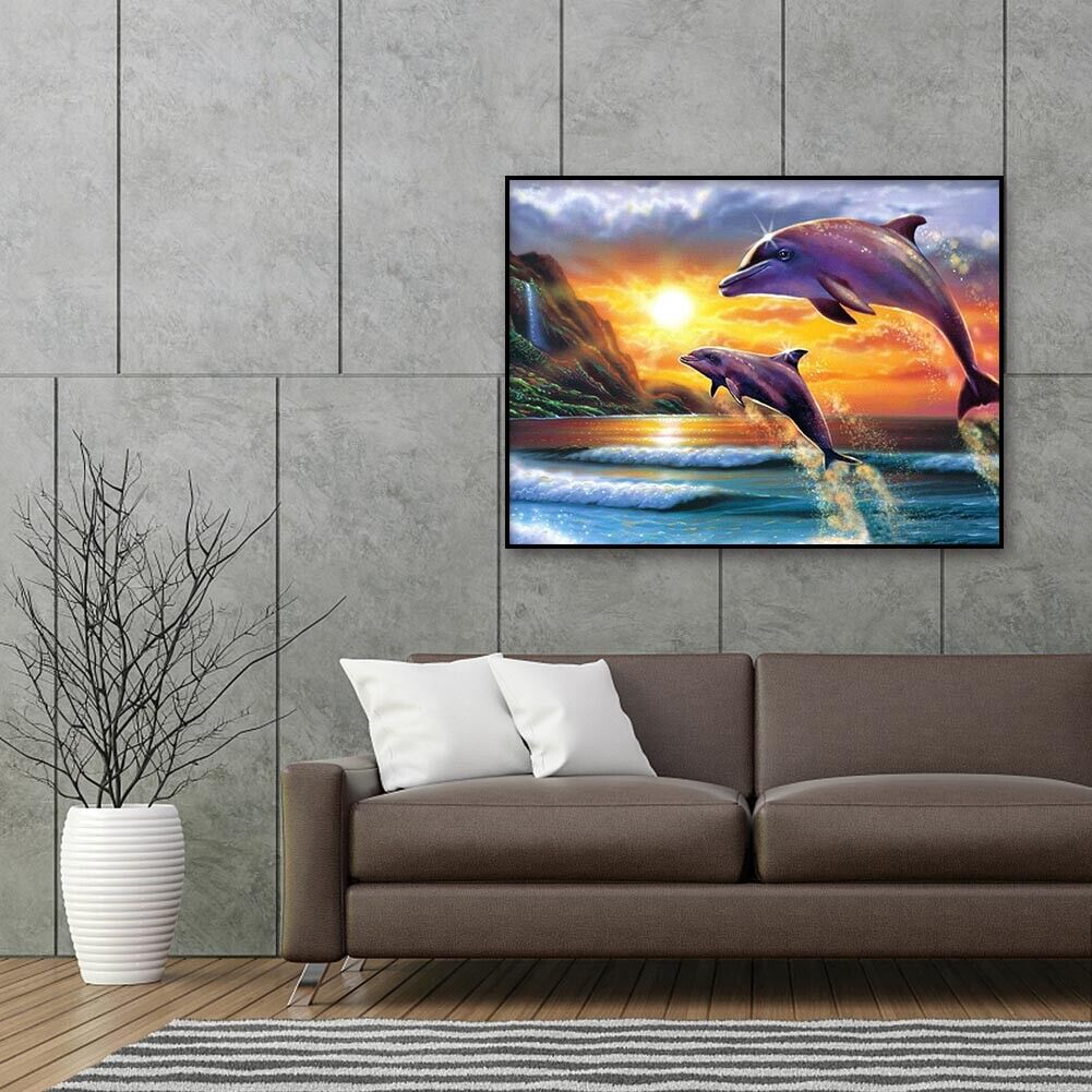 Diamond Painting Sunset Dolphin DIY Full Round Drill Wall Picture 40x30cm
