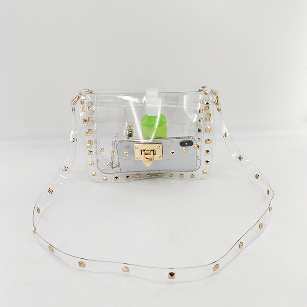 Women PVC Transparent Rivet Shoulder Bag Lady Casual Flap Crossbody Bag