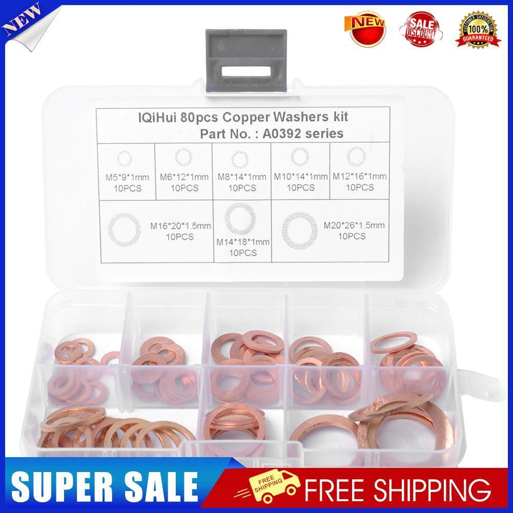 80pcs Assorted Copper Washer Set Flat Ring Seal Assortment Kit with Box