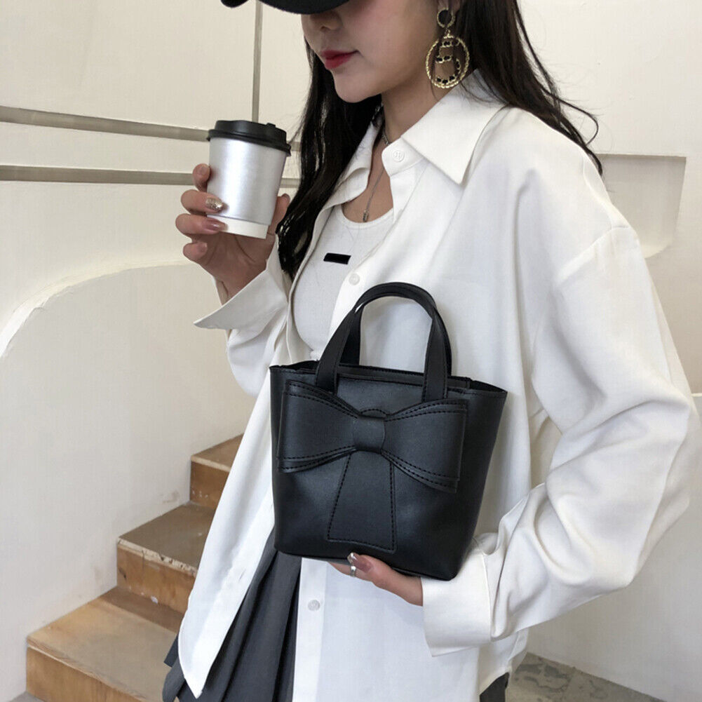 PU Leather Bowknot Bucket Shoulder Bag Women Leisure Large Handbag (Black)