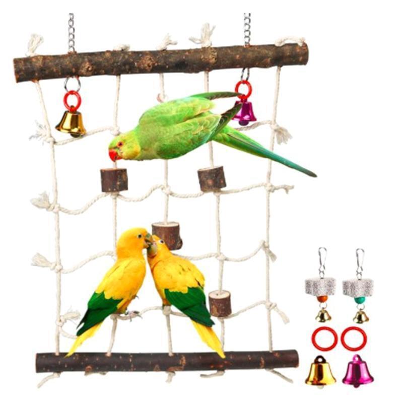 Bird Climbing Rope Net Hanging Ladder Wooden Chew Blocks Bells Chewing Stones