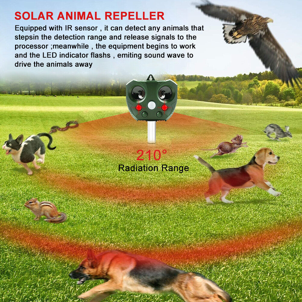 Solar Animal Repeller Ultrasonic Motion Sensor Bird Deer Raccoon Deterrent