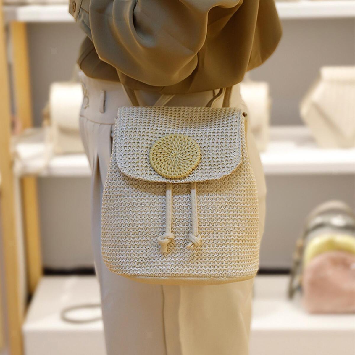 Straw Backpack Rattan Knitted Stylish Tote Handwoven for Summer Women Girls