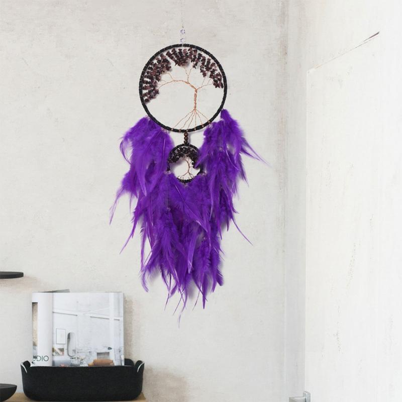 Woven Tree of Life Dream Catcher with Crystal Stones Feather Wall Hanging Decor