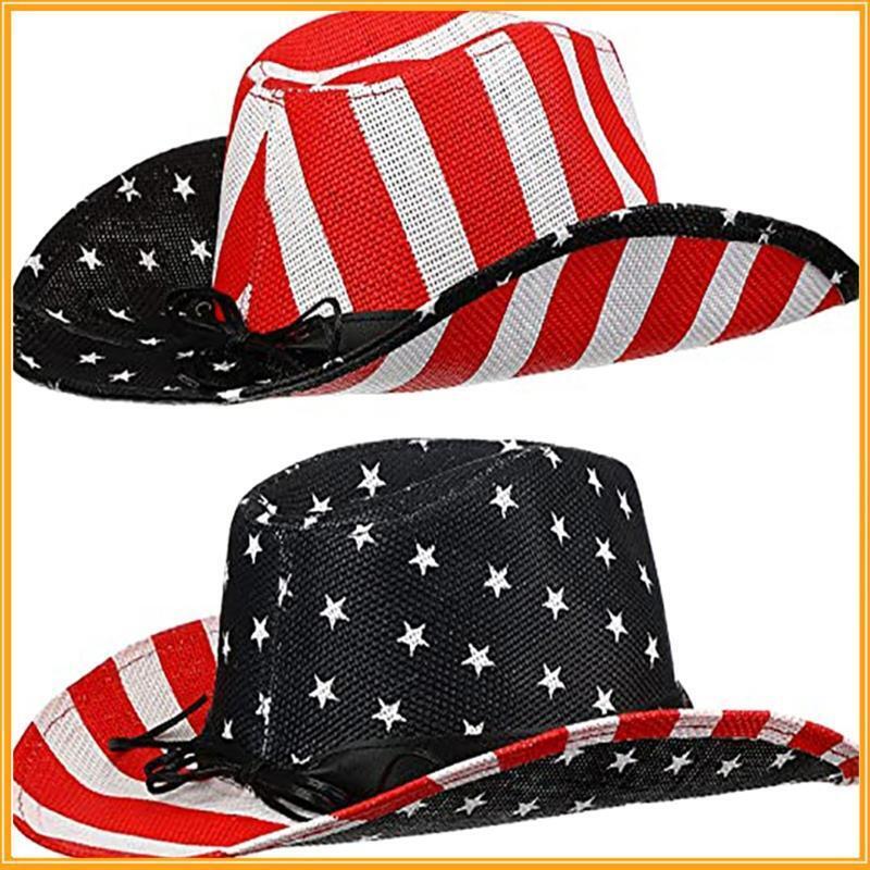 American Flag Western Cowgirl Hat with Windproof Rope Cowboy Hat for Parties