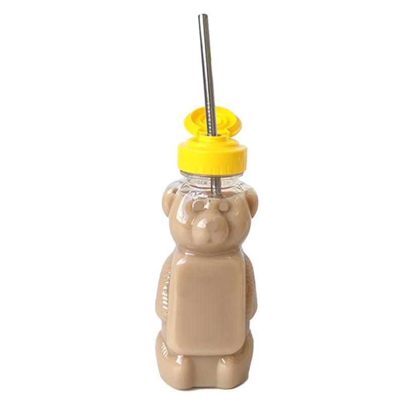 Lovely Cartoon Bear Straw Cup Water Bottle with Lid Leakproof Home Travel Couple