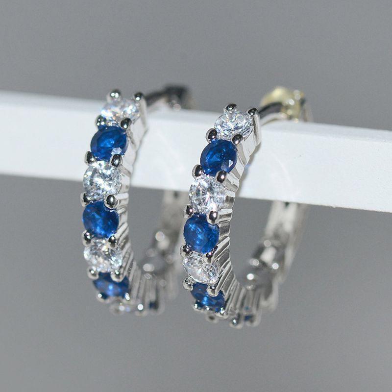 1 Pair Hoop Earrings Blue Sapphire and White Rhinestone Gift for Women Birthday