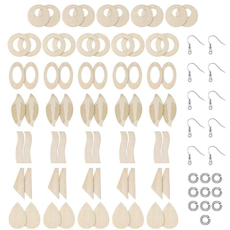 70 Pcs/Set Unfinished Wooden Jewelry Earrings Blanks with Ear Hooks Opening Ring