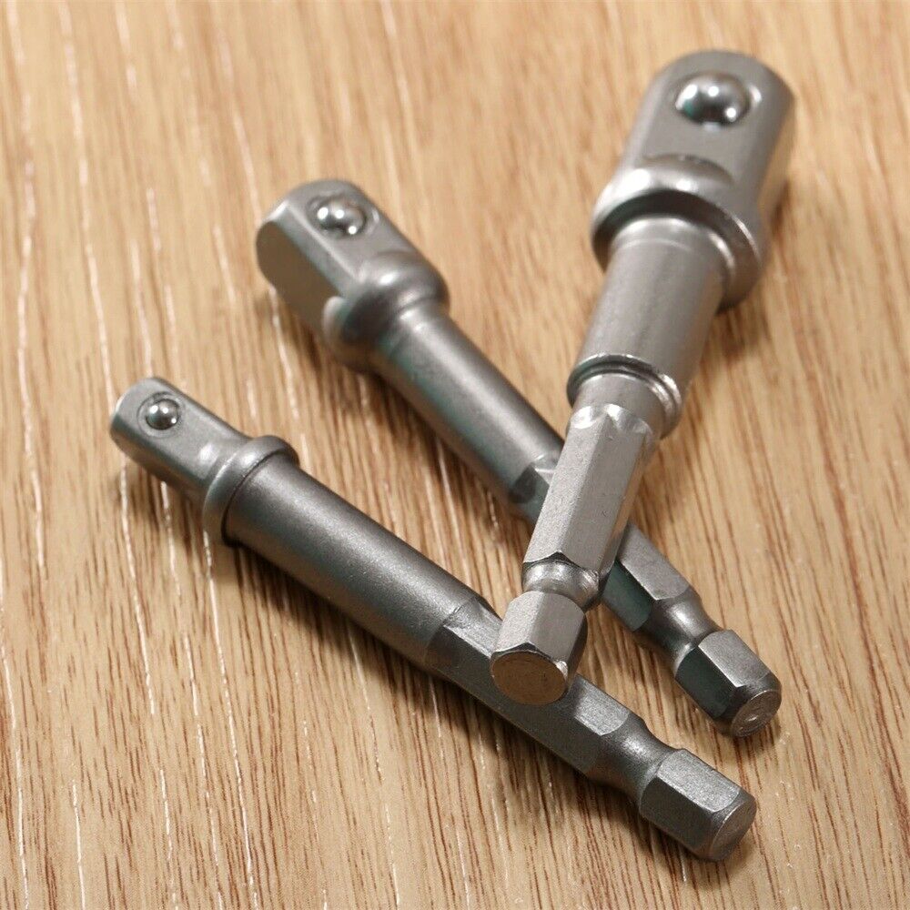 Screwdriver Impact Drill 3pc Socket Adapter Hex to 1/4" 3/8 1/2 Inch Bit Ratchet
