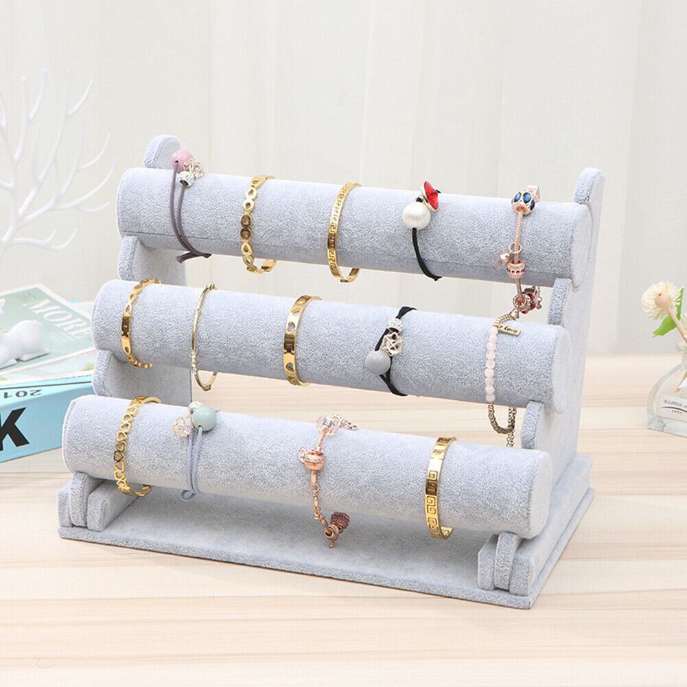 Velvet Bracelet Bangle T-Bar Rack Watch Jewelry Display Stand (Grey 3 Tier)