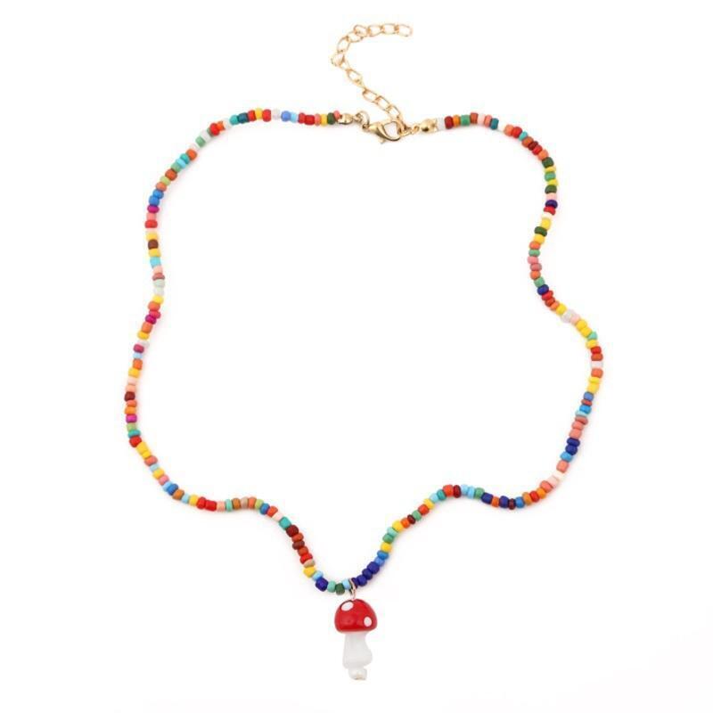 Handmade Beaded Chain Mushroom Pendant Necklace for Women Stylish Choker