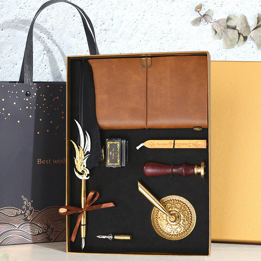 Notebook Ink Bottle Calligraphy Feather Dip Pen Set Stationery Box (Black)