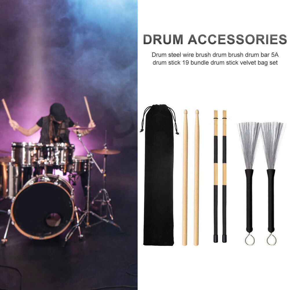 6x Drum Sticks Wood Drumsticks Wire Brush w/Carry Bag Percussion Instrument