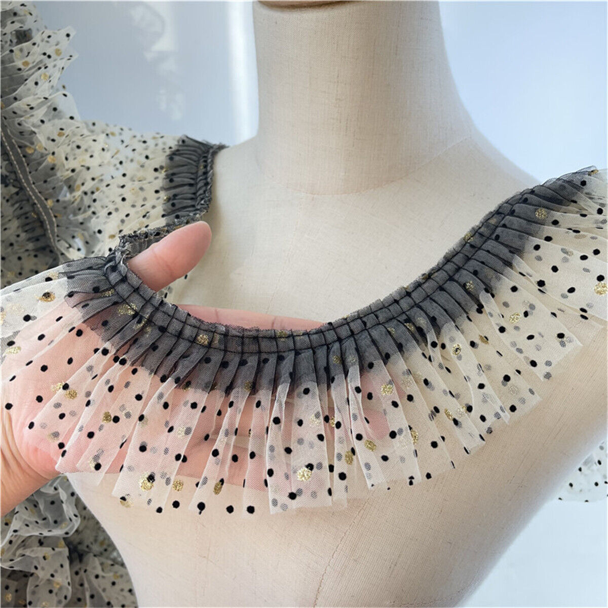 1 Yard Polka Dots Pleated Lace Ruffles Trim Tulle Fabric Ribbon DIY Dress Sewing