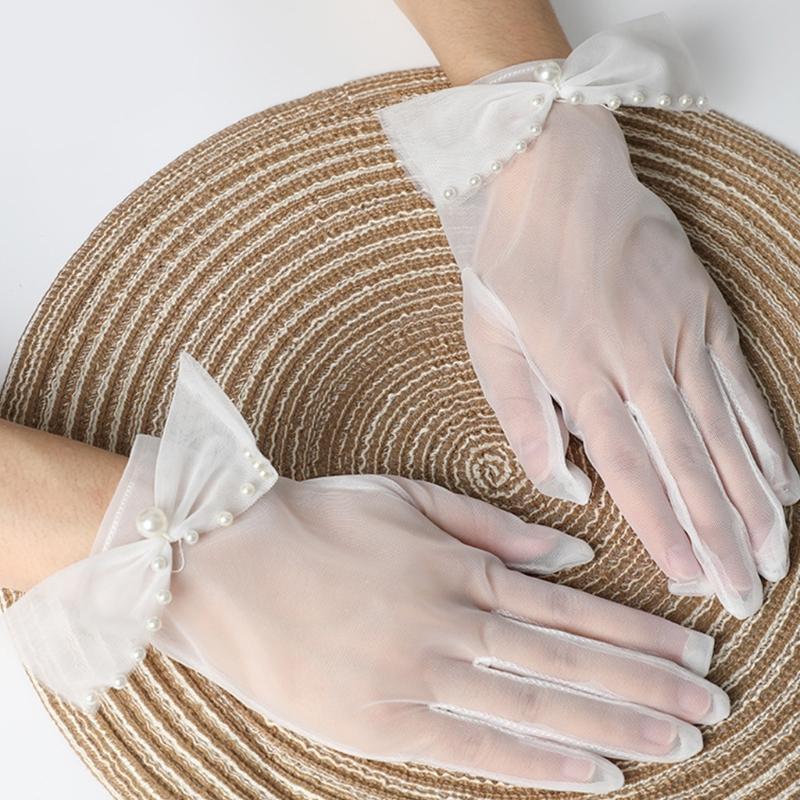 Wedding Gloves Wrist Length Sheer Short White Tulle with Bows Embellishment