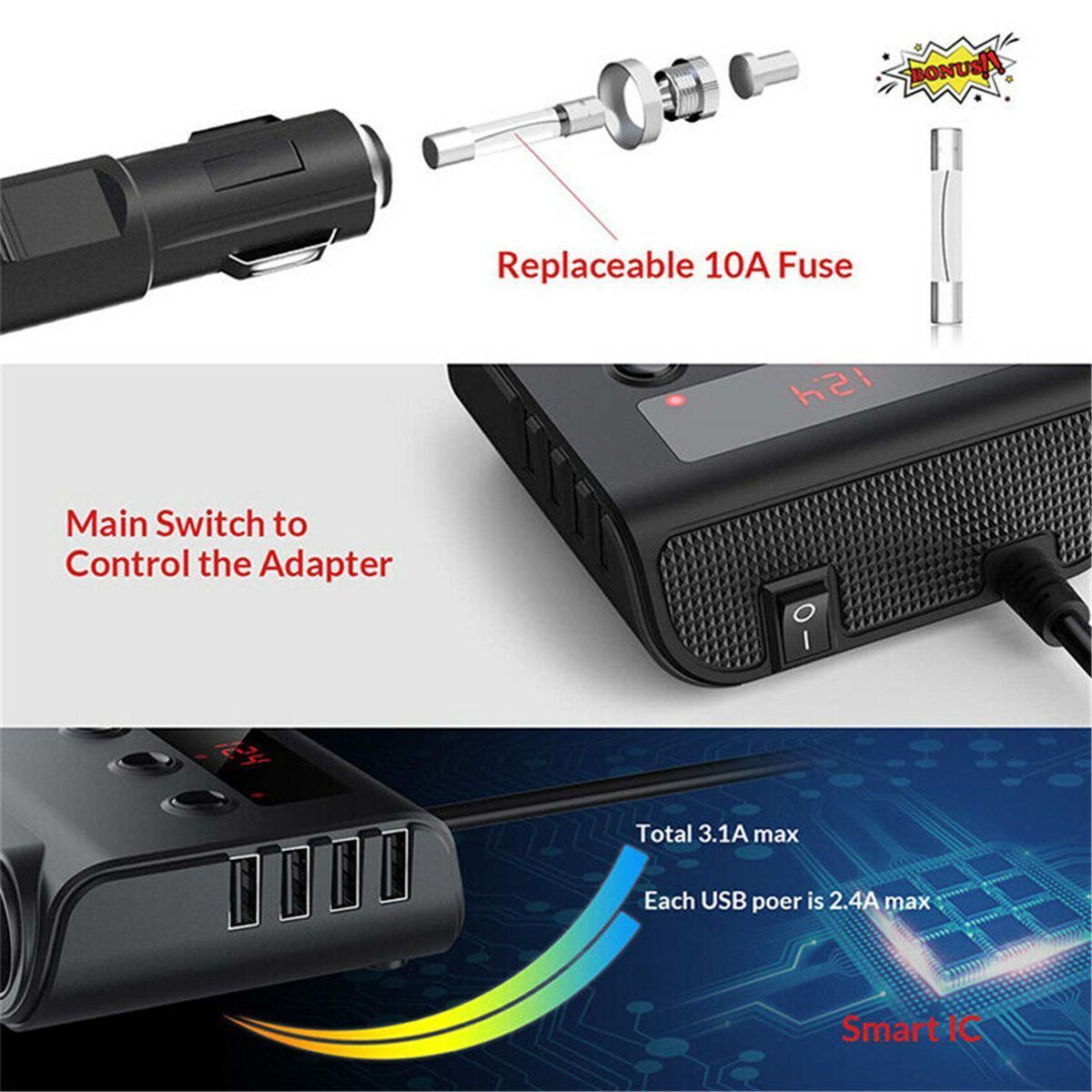 Socket Splitter Dual USB Charger 12V 3 Way Car Cigarette Lighter Car Charger