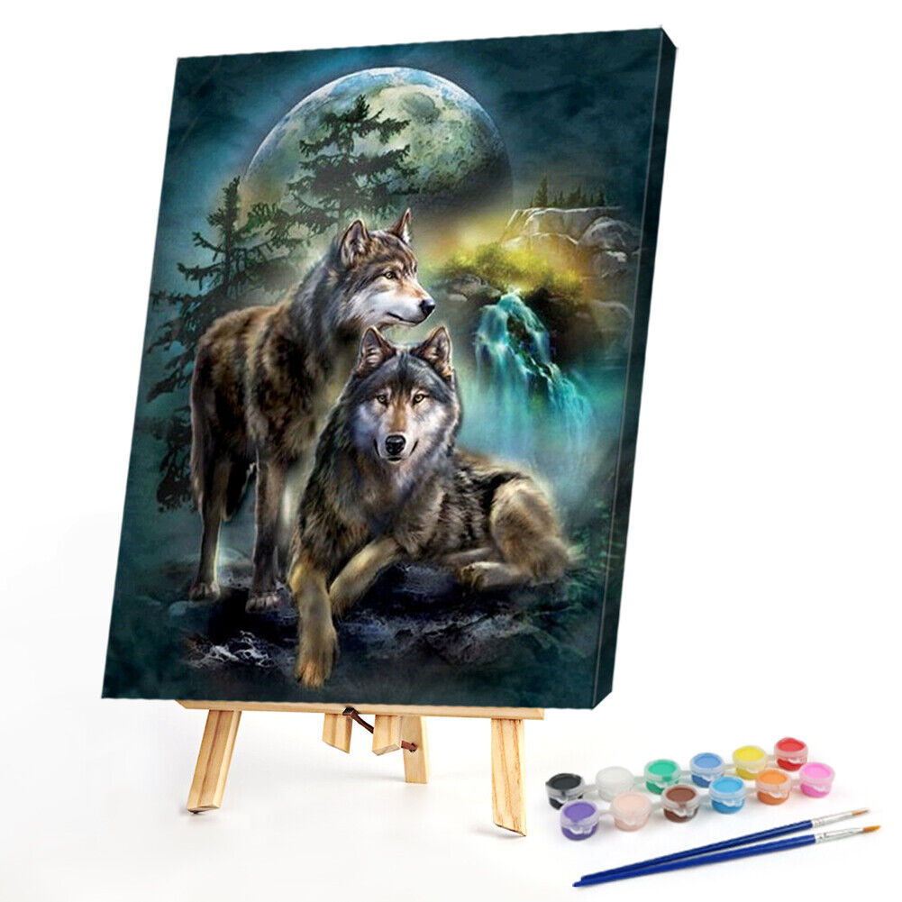 Frameless Oil Paint By Numbers Wolf DIY Canvas Picture Craft Kit for Home