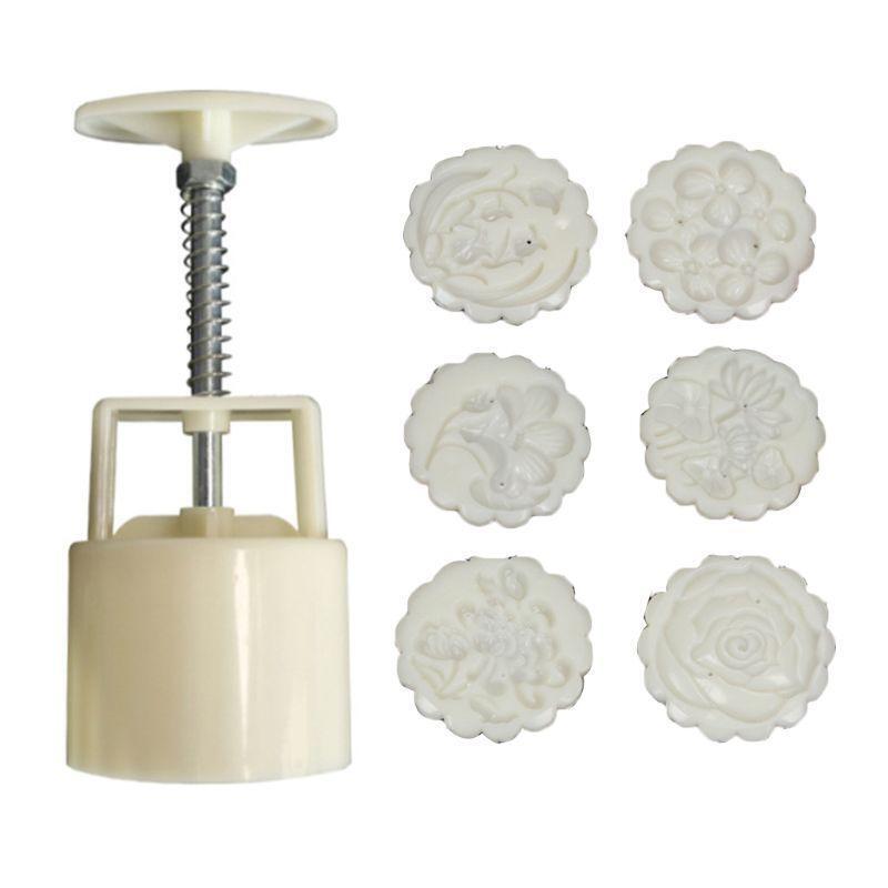 6pcs Hand Press Cookie Stamp Moon Cake Decor Barrel Mooncake Mold 50g Pastry DIY