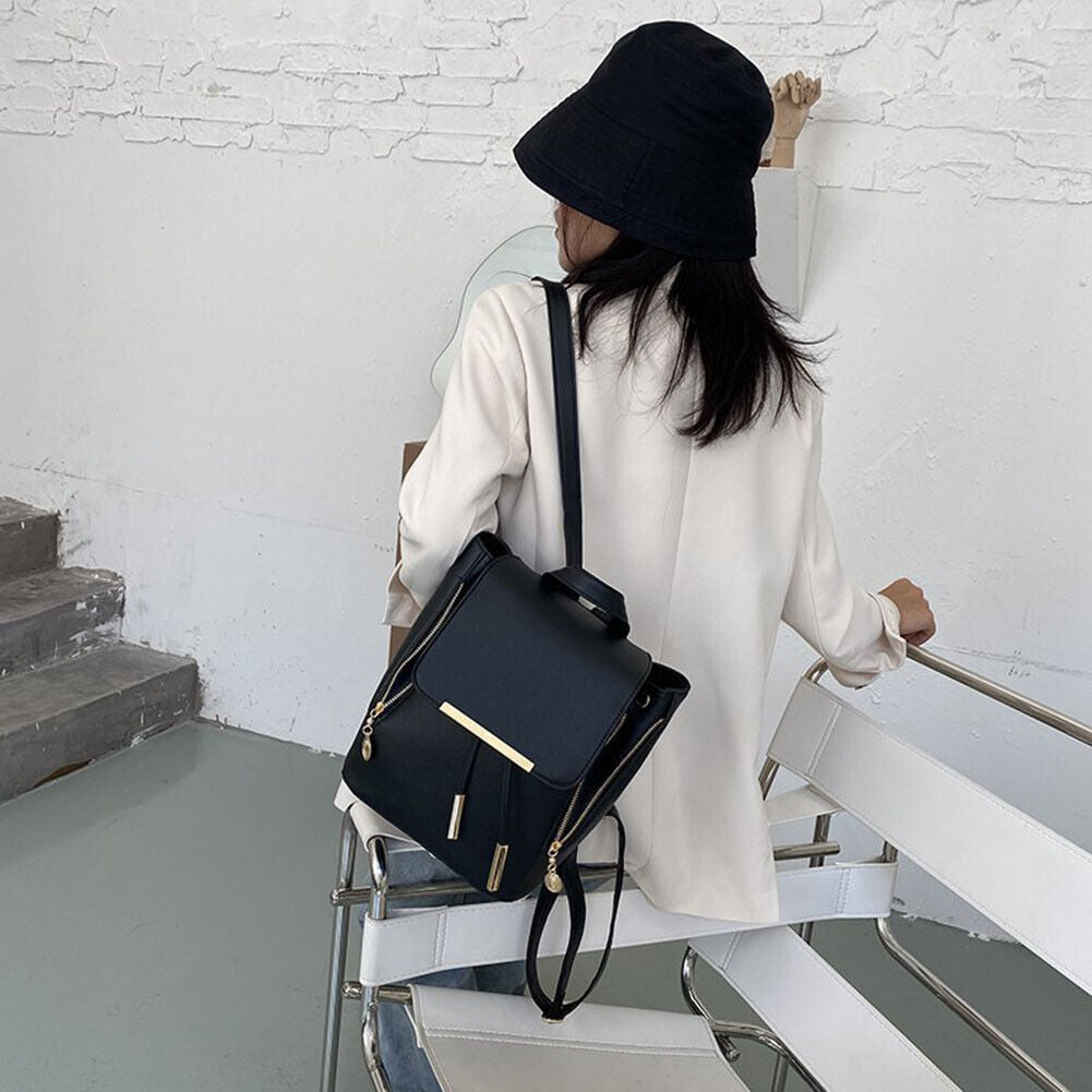 Fashion Women PU Pure Color Backpack Casual Drawstring Handbags (Black A)
